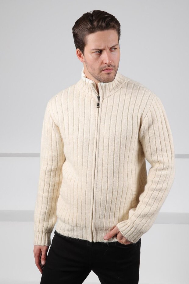 Ecru Zippered Mock Neck Pocket Alpaca and Wool Men's Knitwear Cardigan