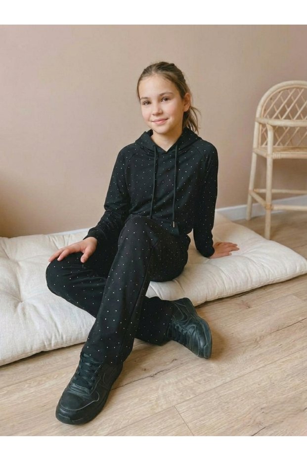 Girl's Full Bead Stone Detailed Hooded Sweat Tracksuit Set