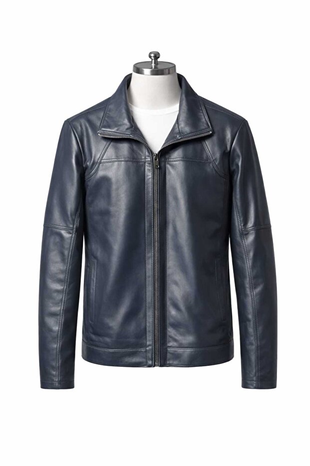 Men's Shirt Collar Navy Blue Genuine Leather Jacket