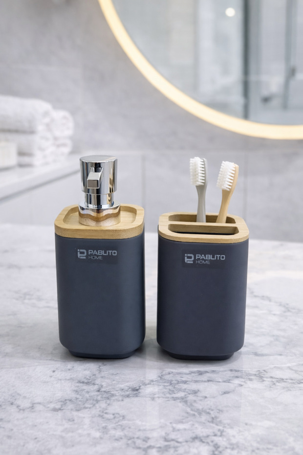 Bamboo Detailed Bathroom Set 6 Pieces – Matte Grey/Anthracite Countertop Organizer + Pedal Bin - 7