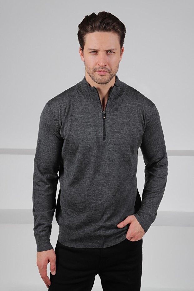 Anthracite Half Zip Mock Neck Long Sleeve Superfine Men's Knitwear Sweater