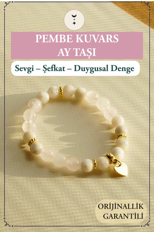 Pink Quartz, Moonstone, Heart Symbol Natural Stone Bracelet – Love, Compassion & Emotional Balance