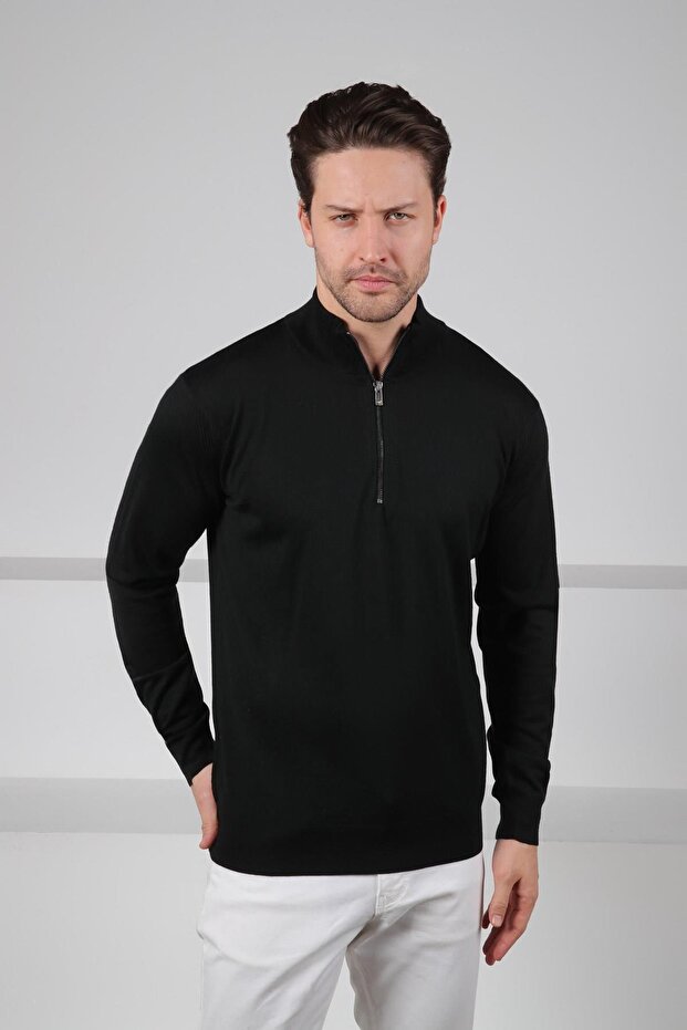 Black Half Zip Mock Neck Long Sleeve Supersfine Men's Knitwear Sweater