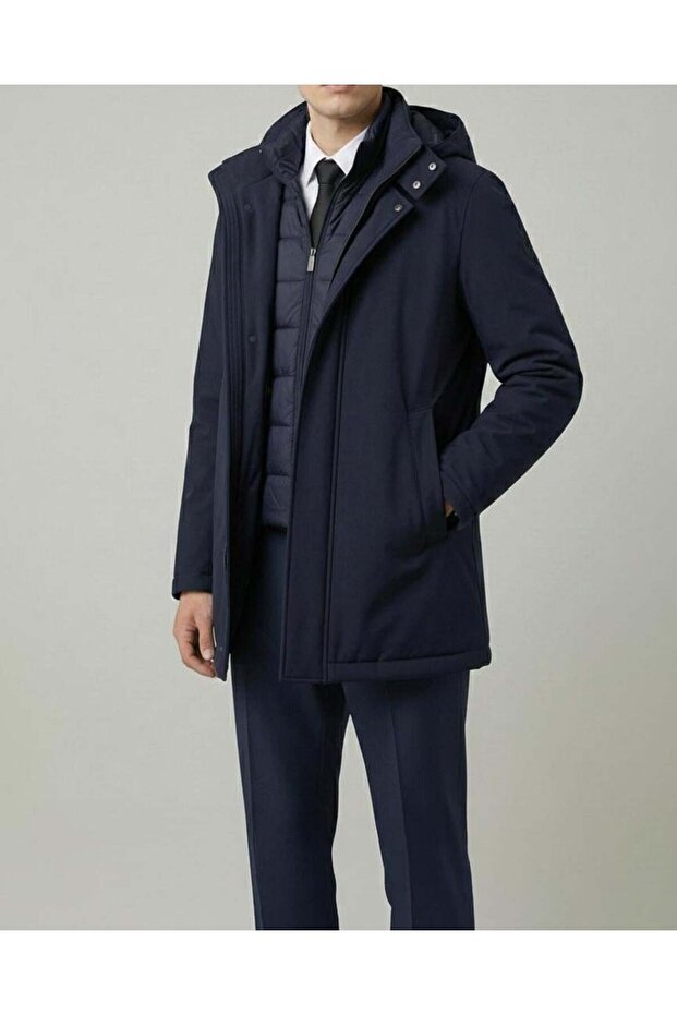 Italian Style Quilted Snap-Button Collar Men's Coat Navy Blue T14788
