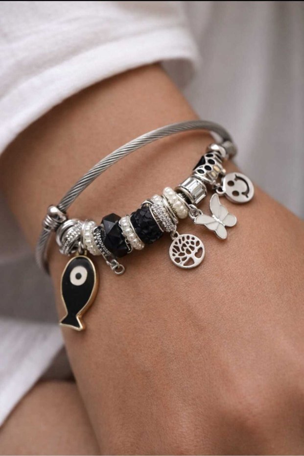Women's Steel Charm Black Bracelet Silver