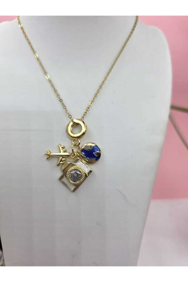 Airplane, Camera and World Gold Color Charm Necklace