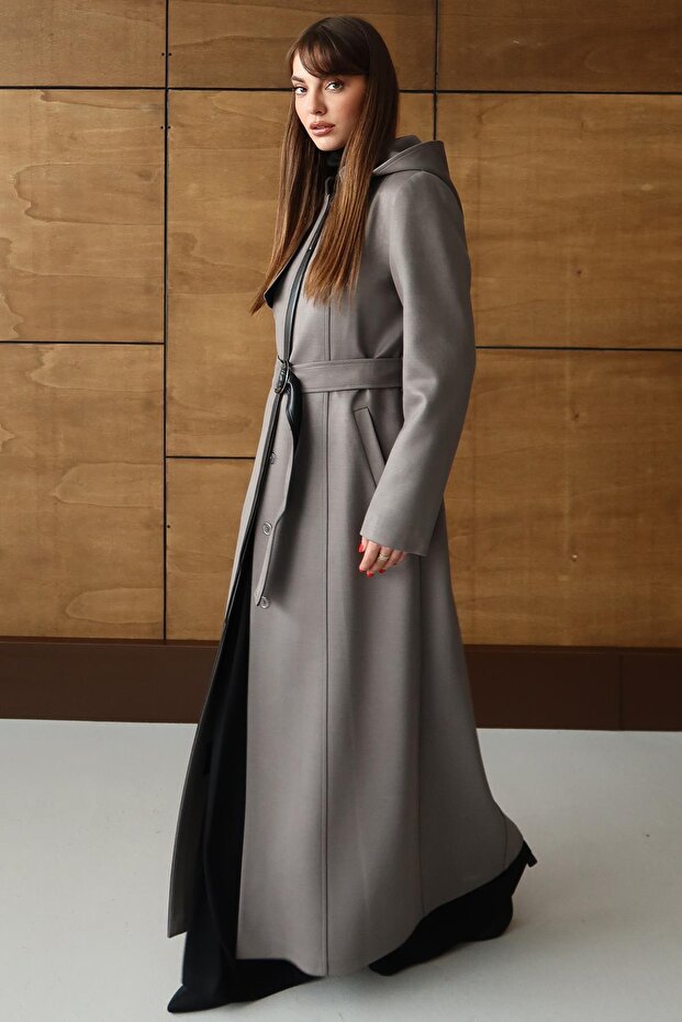 Removable Hooded Leather Paneled Gabardine Suede Look Overcoat Gray 6806