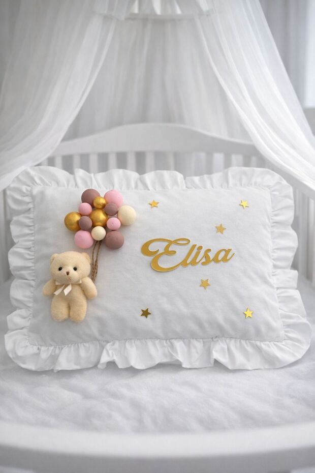 Ruffled 100% Cotton Baby Jewelry Pillow with Bubble Teddy Bear