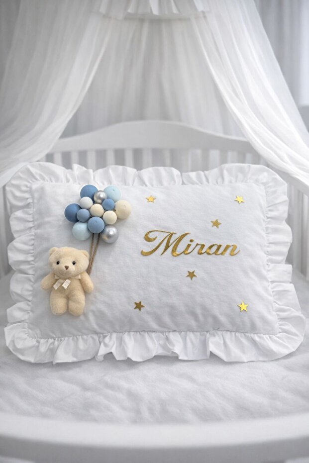 Ruffled 100% Cotton Baby Jewelry Pillow with Bubble Teddy Bear