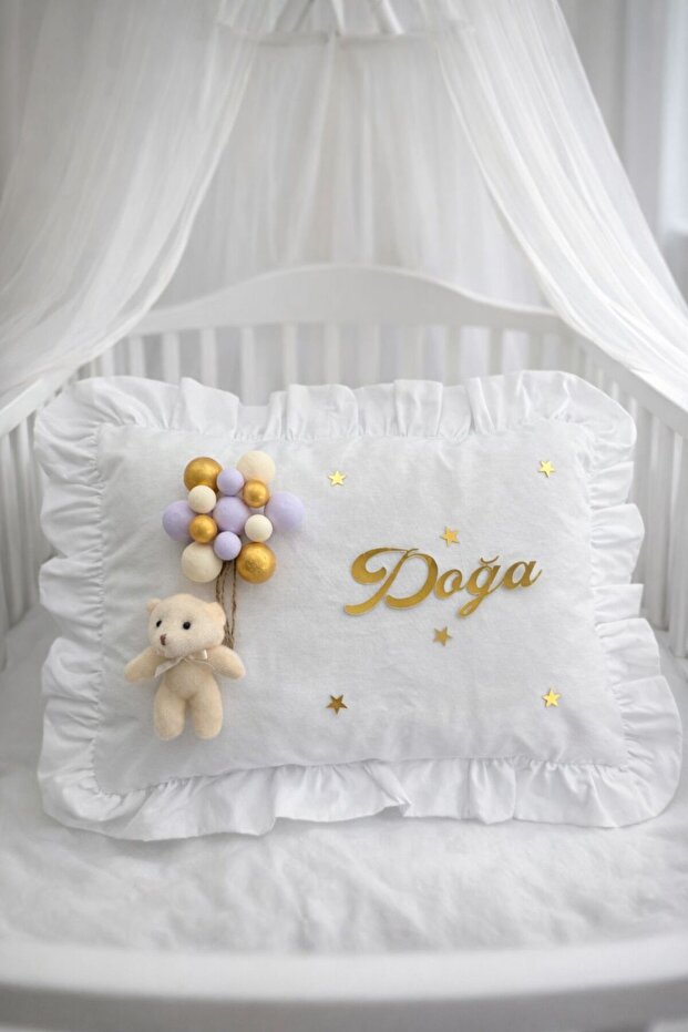 Ruffled 100% Cotton Baby Jewelry Pillow with Bubble Teddy Bear