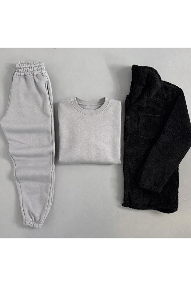 Men's Plush Jacket + 3 Thread Fleece-Lined Bisikletyaka Tracksuit Set 3-Piece Combination