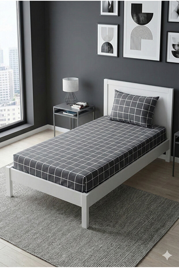 طقم ملاءة سرير مطاطية مفردة منقوشة مربعة 100×200 سم - 3