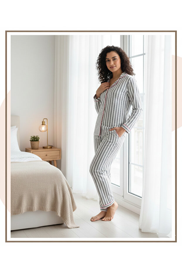 Alperi Boydan Buttoned Seasonal Long Sleeve Shirt Pajama Set