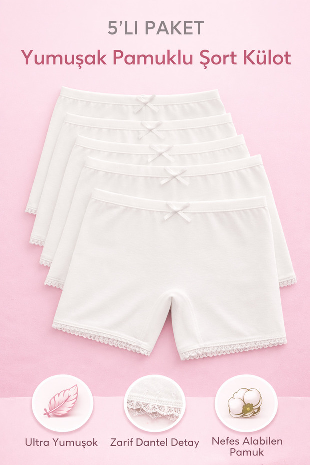 Girls' Cotton Shorts Panties 5-Pack – Soft, Lace, Everyday Underwear Set
