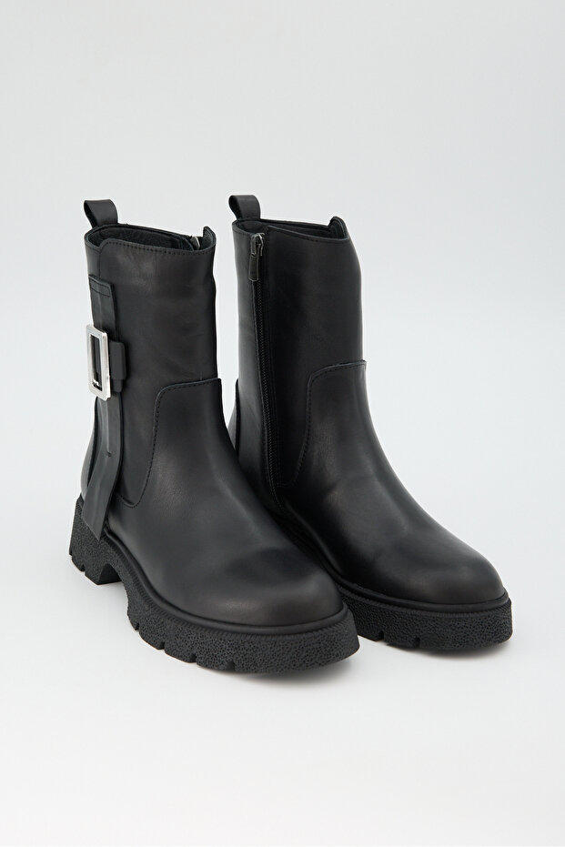 Women's Buckle Zippered Thick Sole Boots – Black Genuine Leather