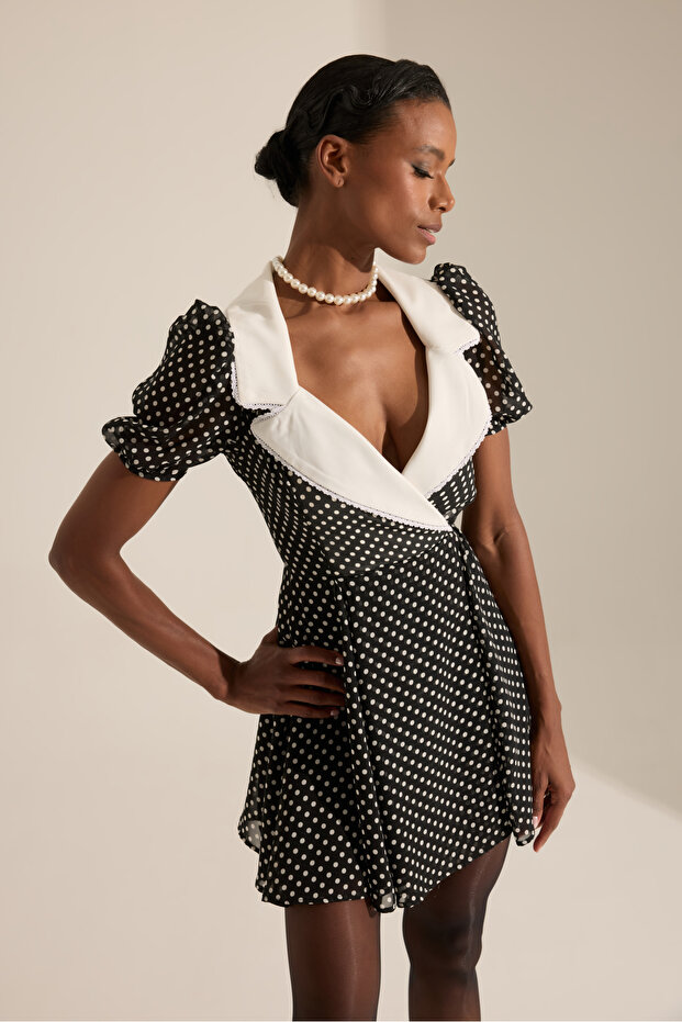Trieste Siyah Puantiyeli Mini Elbise - 1