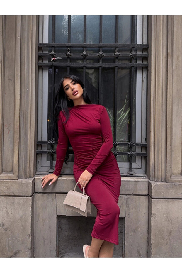 Collar Detail Sandy Fabric Dress Burgundy
