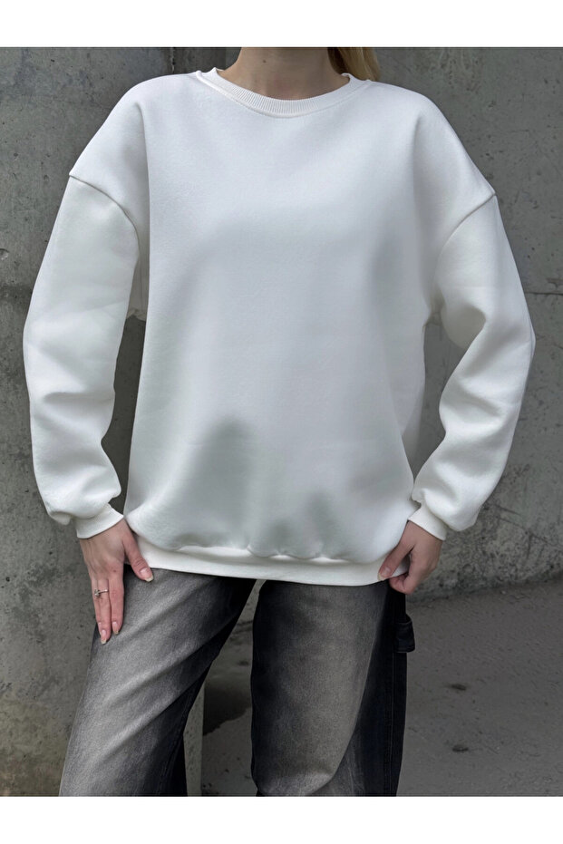Kadın Basic Ekru Oversize Sweatshirt - 4
