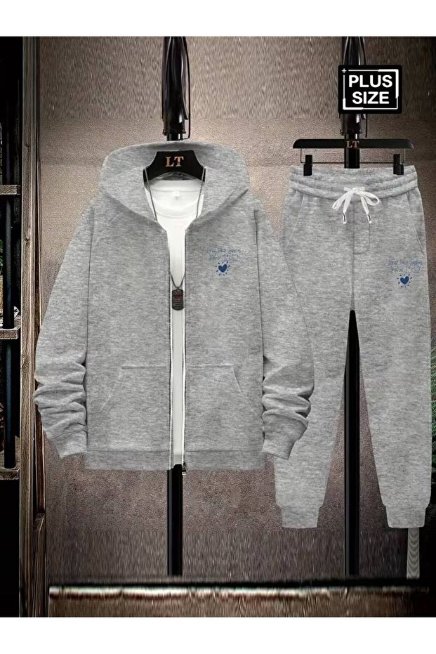 Plus Size Men's 3 Thread K Hooded Zippered Minimal Text B Printed Tracksuit Set