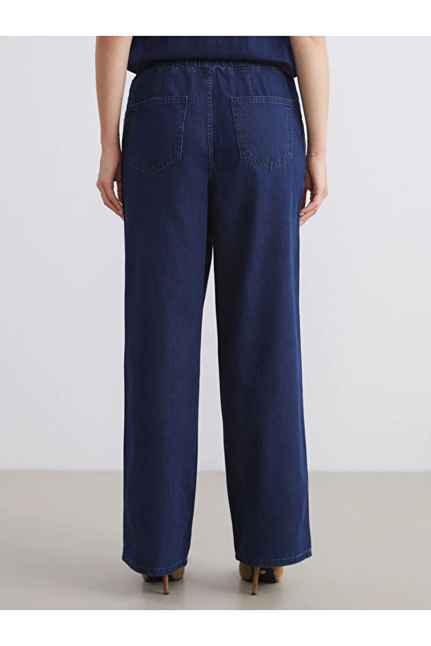 Navy Blue Elastic Waist Wideleg Women's Jean Trousers - 4