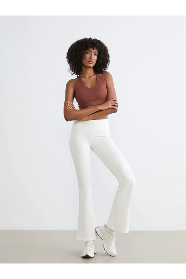 Ecru Elastic Waist Flared Women's Sports Leggings - 3