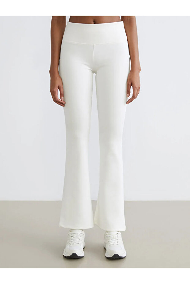 Ecru Elastic Waist Flared Women's Sports Leggings - 1