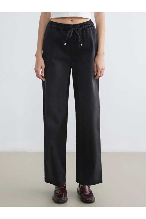 Black Elastic Waist Wideleg Women's Jeans - 5