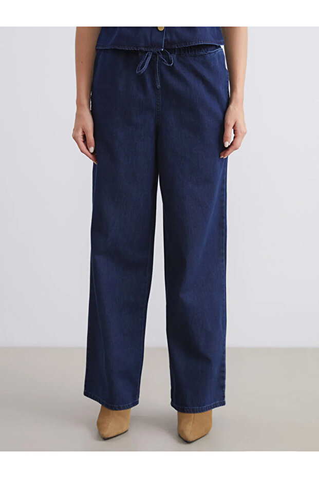 Navy Blue Elastic Waist Wideleg Women's Jean Trousers - 3