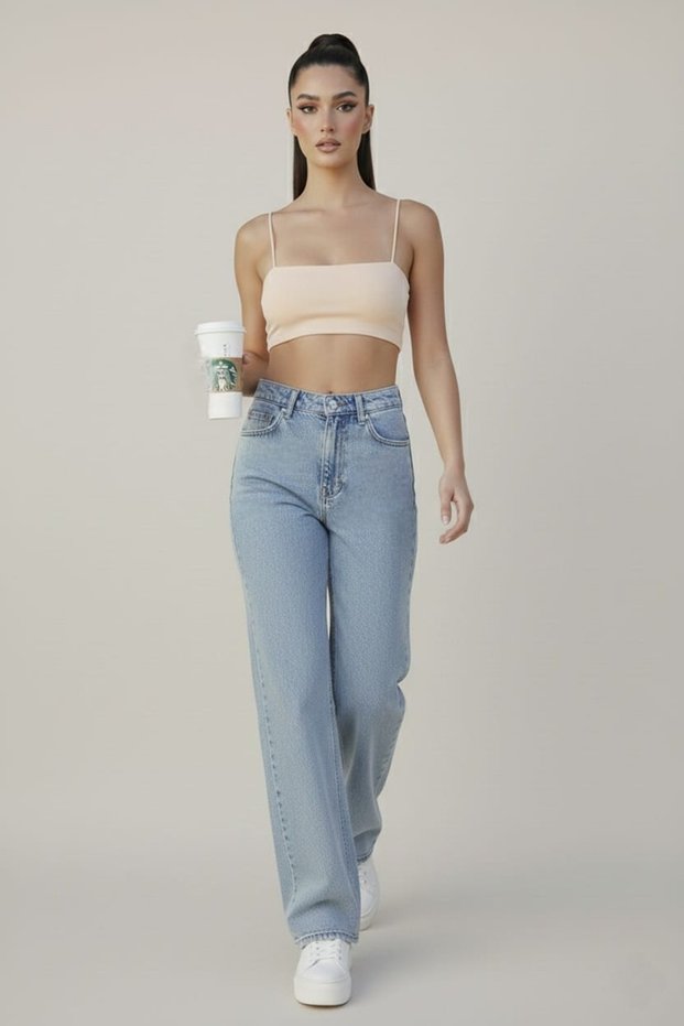 July 90`S Stretch Fabric Casual Women's Blue Snow Super High Waist Loose Leg Denim Jeans Pants