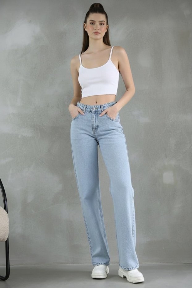 July 90`S Stretch Fabric Casual Women's Blue Snow Super High Waist Loose Leg Denim Jeans Pants