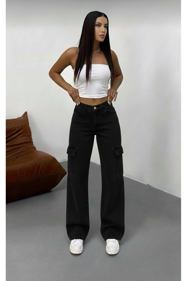 Cery 90`S Stretch Fabric Shabby Cargo No Back Pocket Black Super High Waist Shabby Leg Denim Jeans