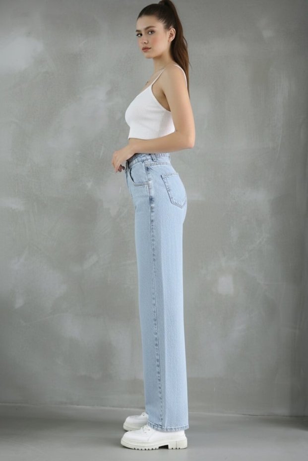 July 90`S Stretch Fabric Casual Women's Blue Snow Super High Waist Loose Leg Denim Jeans Pants