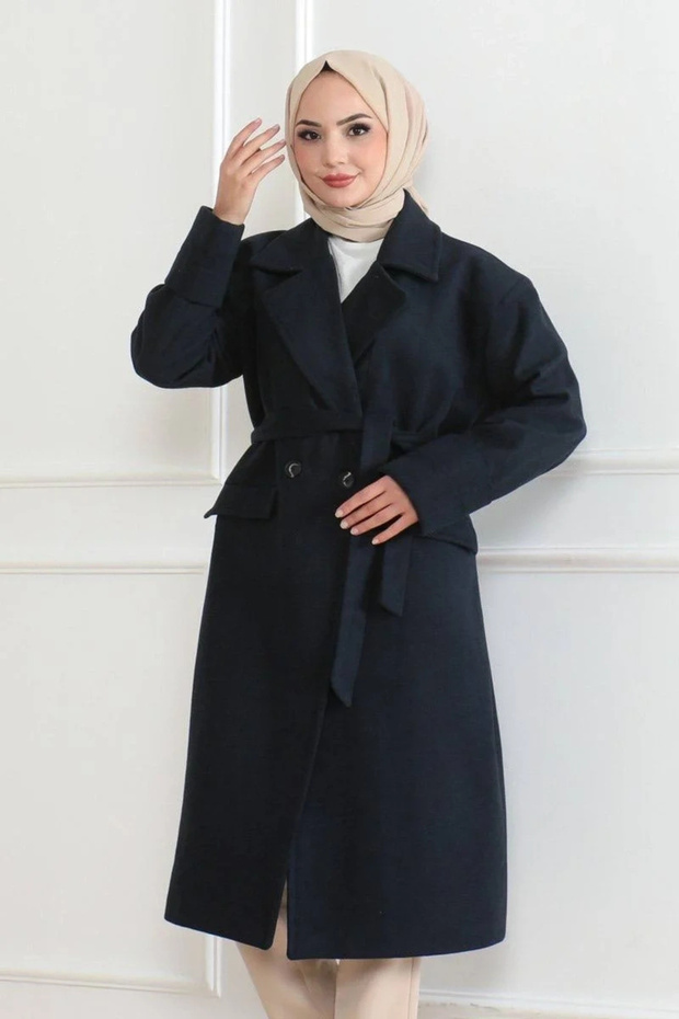 Women's Buttoned Lined Cashmere Coat - Navy - 3