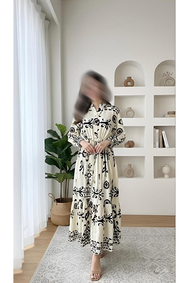 فستان طويل (مقاس واحد Free Size) باكمام طويله واساور مطاطيه مع ازرار اماميه