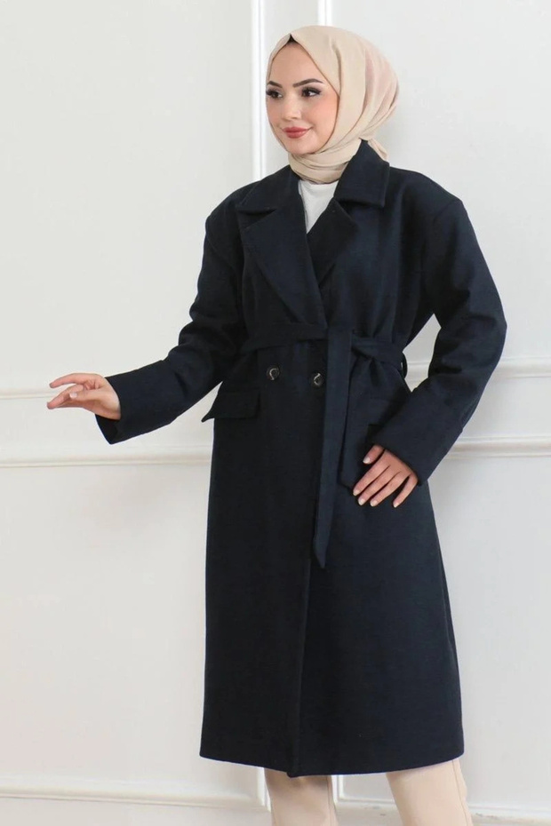 Women's Buttoned Lined Cashmere Coat - Navy - 4