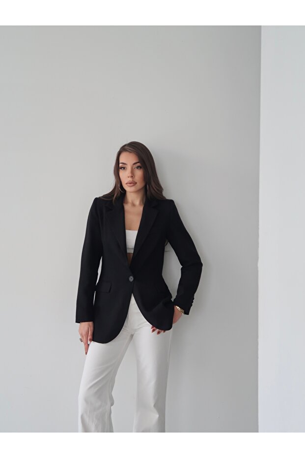 Single Button Lined Linen Blazer Jacket - 5