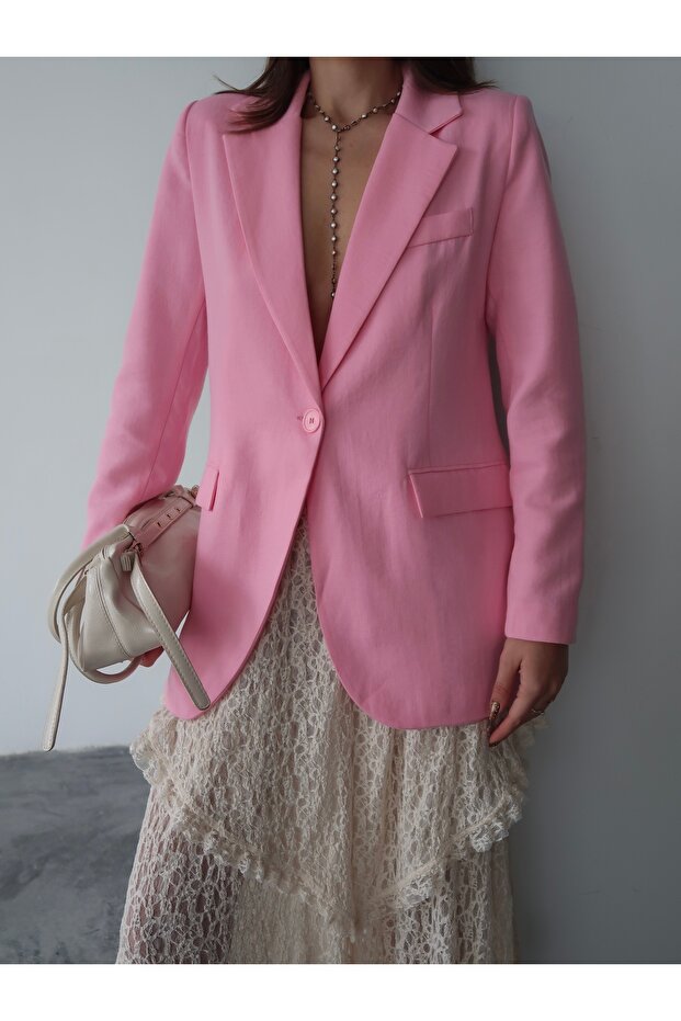 Single Button Lined Linen Blazer Jacket - 4