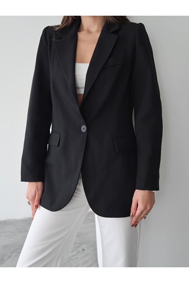 Single Button Lined Linen Blazer Jacket - 2