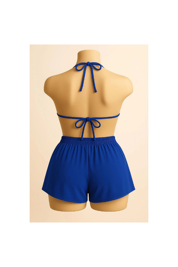 Marsilyan- Women's Blue Shorts and Tie-Waist and Neck Bikini Set - 2
