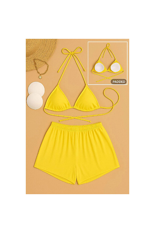 Marsilyan- Women's Yellow Shorts and Tie-Waist and Neck Bikini Set - 3