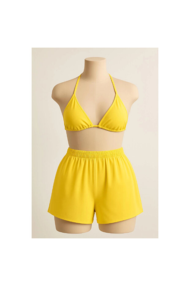 Marsilyan- Women's Yellow Shorts and Tie-Waist and Neck Bikini Set - 1