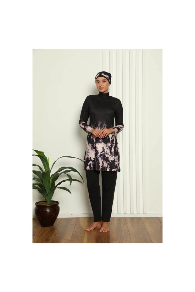 MİRAY- ملابس سباحة محتشمة بالكامل بنقشة رقمية باللون الأسود - 1