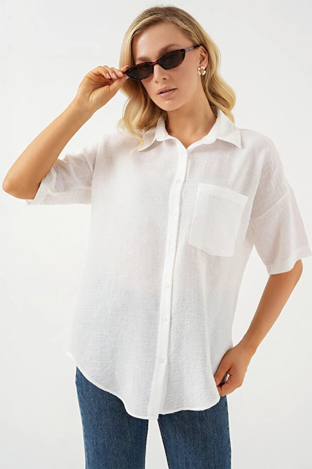 Short Sleeve Linen Look Shirt 20336 - White - 3