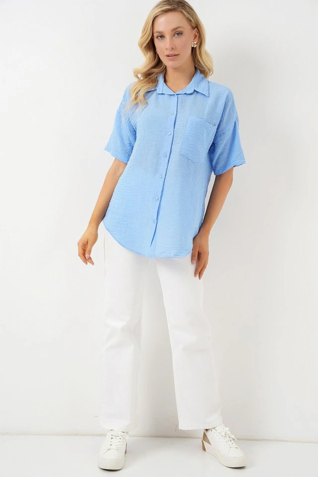 Short Sleeve Linen Look Shirt 20336 - Blue - 2
