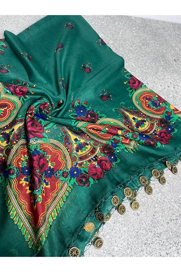 Mardin Calligraphy Green Background Floral Pattern Sequin Headscarf – Daily and Dowry Writing