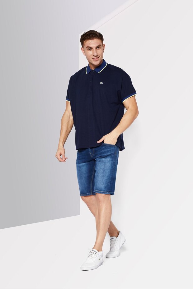 Men Loose Fit Brand Logo Short Sleeve Polo Shirt, Navy - 2