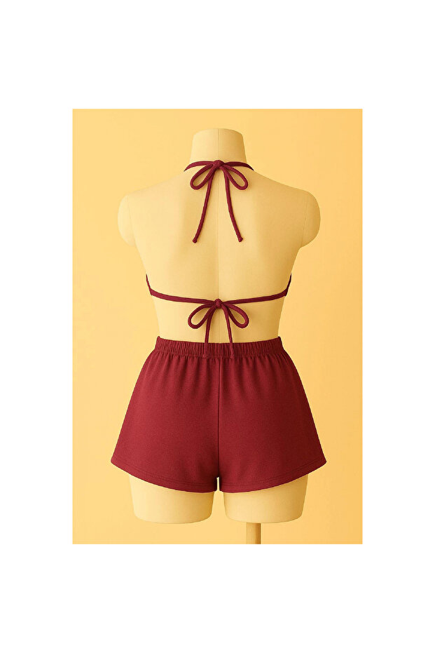 Marsilyan- Women's Burgundy Shorts and Halter Neck Bikini Set - 3