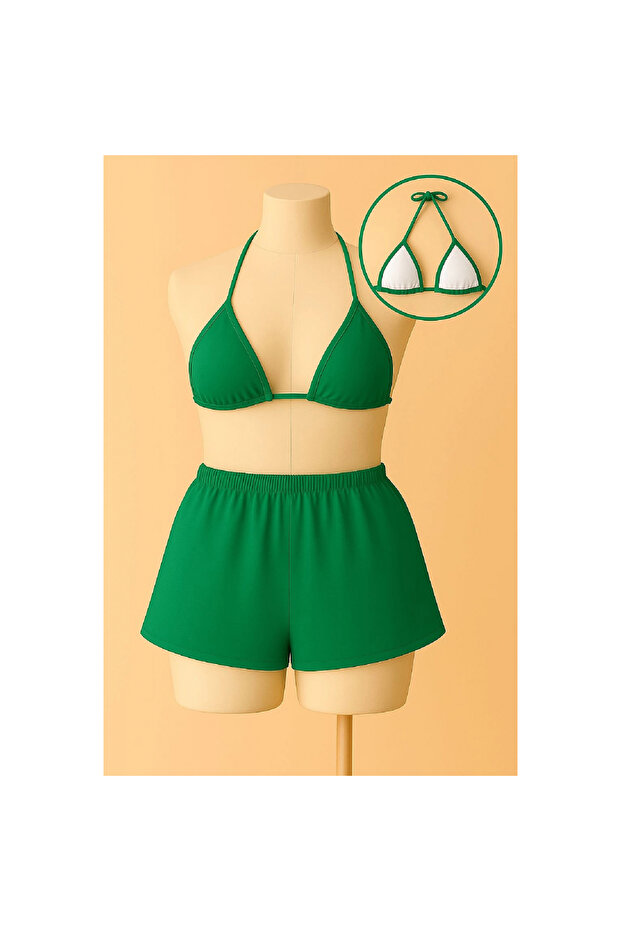 Marsilyan- Women's Green Shorts and Halter Neck Bikini Set - 2