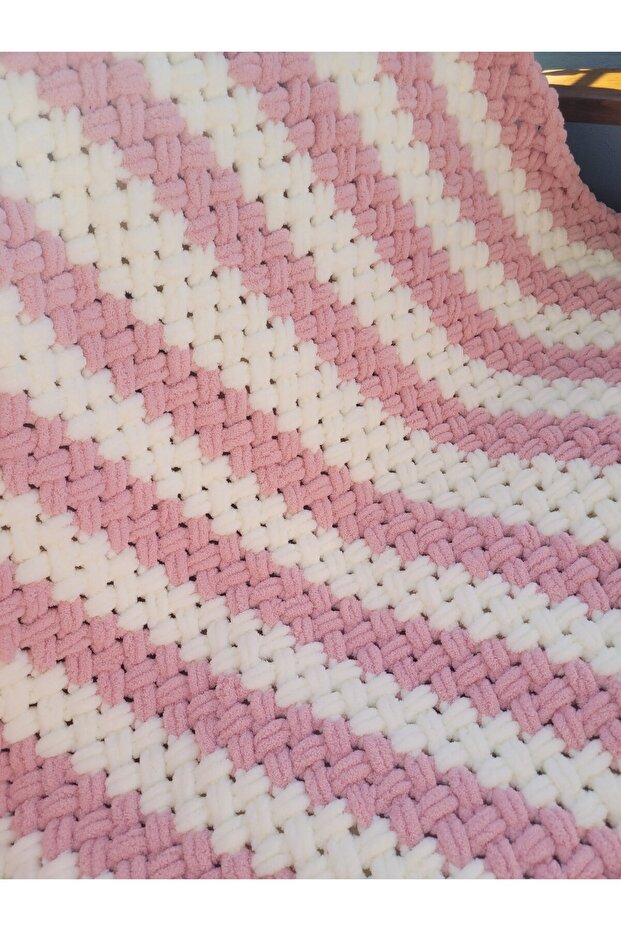Pink Cream Alize Puffy Yarn Straw Model Hand Knitted Baby Blanket 110*110 cm