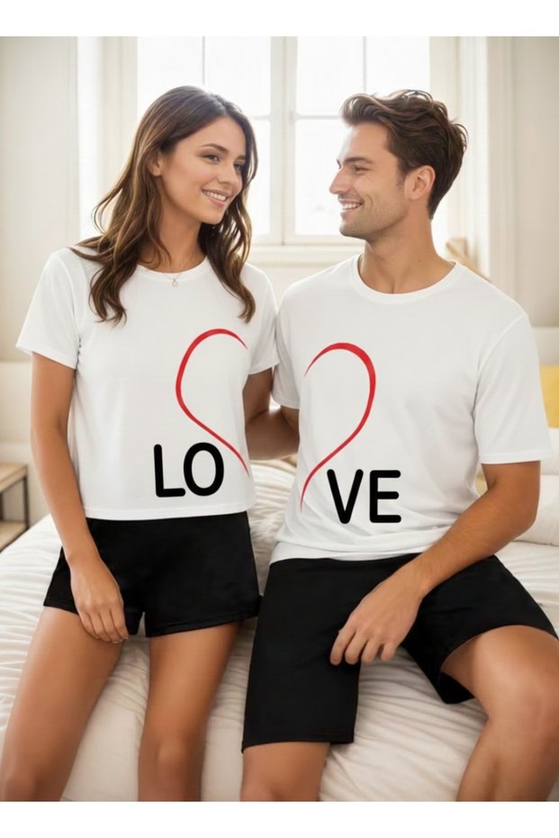 Love Written Heart Detail Couple Matching Matching Couple Lover Combination Regular T-Shirt 2-Piece 100% Cotton
